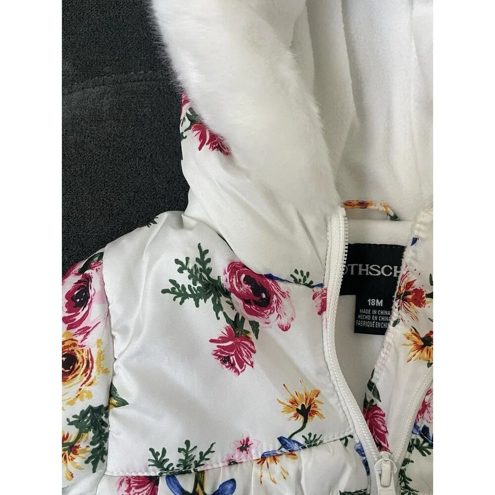 Rothschild 18M Floral Hooded Puffer Coat Warm Fleece Lined, Mittens Attatched